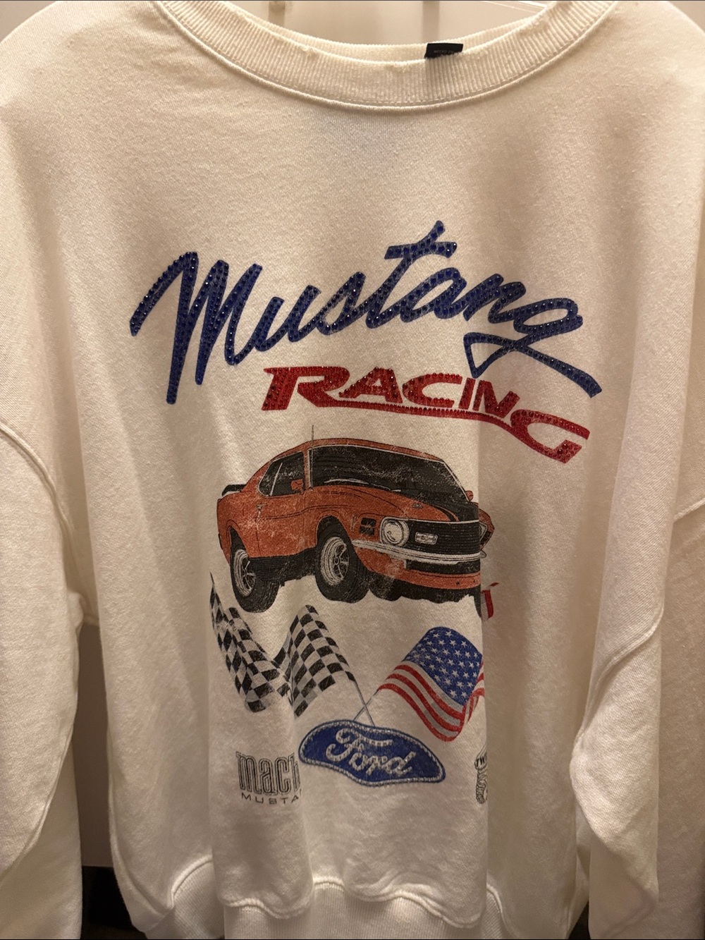 Women’s  White Mustang Racing Graphic Sweatshirt with Orange Car